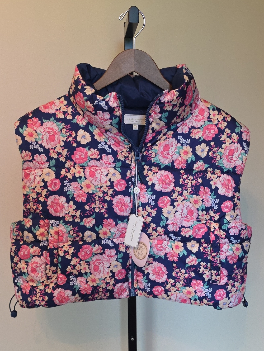 Simply Southern Navy Floral Puffer Vest with Pink and Yellow Blooms